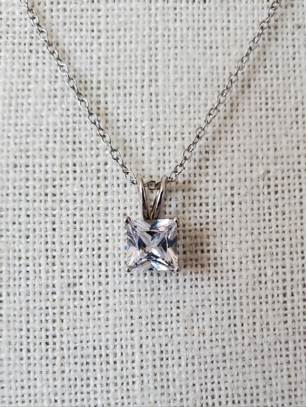 Sterling Silver White Sapphire Princess Cut Pendant Necklace